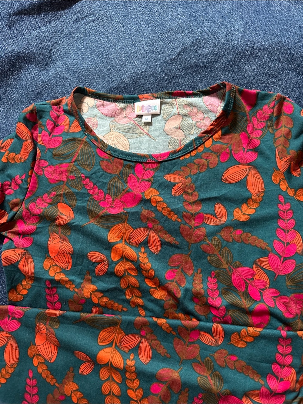 LuLaRoe Teal Floral Crew Neck Top with Pink & Orange Leaves